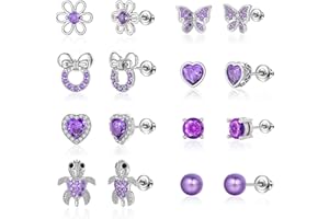 TOPBRIGHT 8 Pairs Hypoallergenic Earrings 925 Sterling Silver Stud Earrings Heart CZ Tiny Butterfly For Kids, Toddlers, Little Girls, Teens, Women