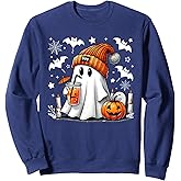 Cute Ghost Drinking Coffee Halloween Ghost Coffee Womens Sweatshirt