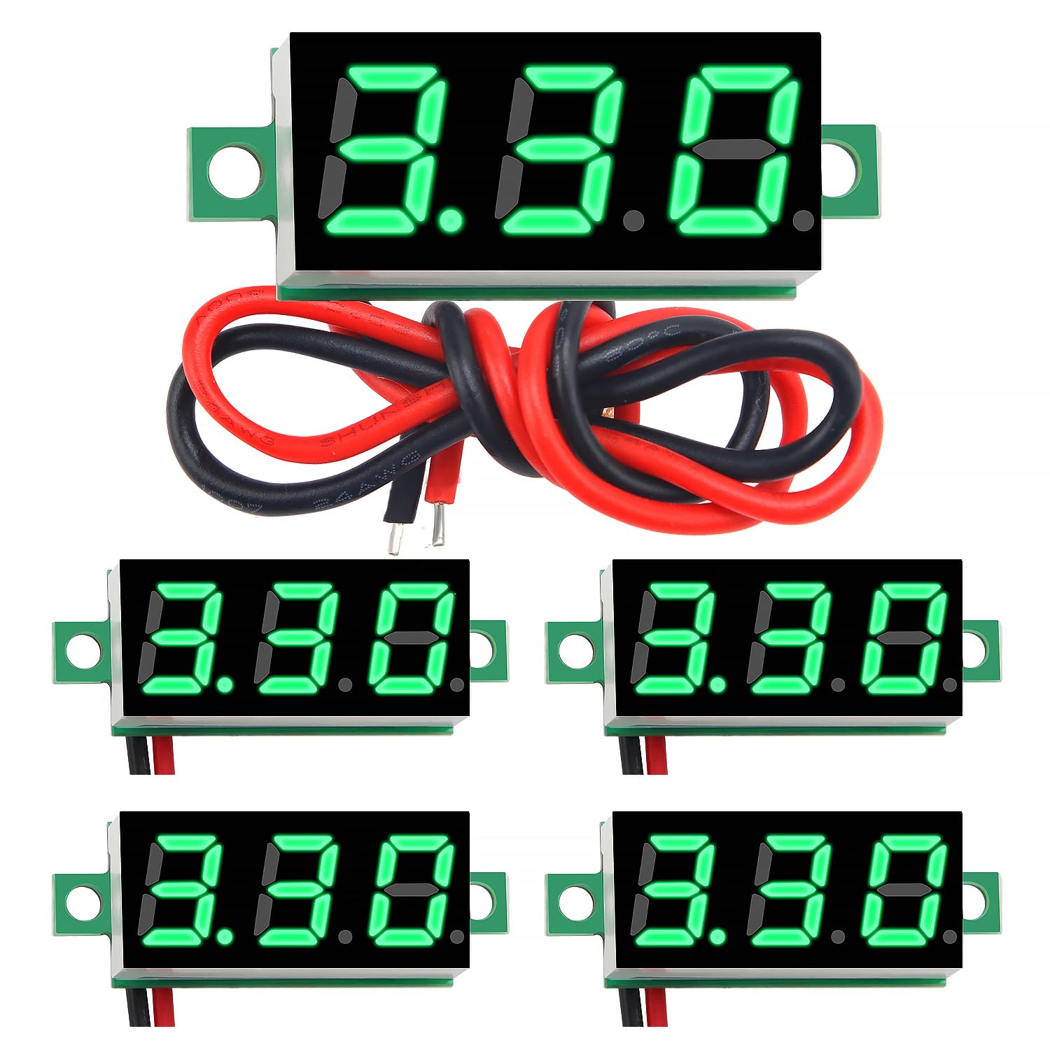 YIXISI 5 PCS DC 2.4-30V Gauge Tester 0.28", 2 Wires Mini Digital LED Voltmeter Display with Reverse Polarity Protection and Accurate Pressure Measurement Voltage Tester (Green）