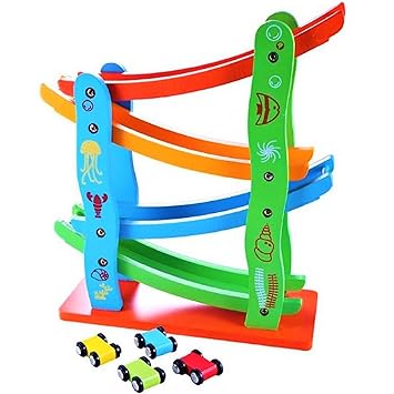 Shopaholic Colorful Wooden Track Race Set with 4 Colorful Miniature Cars Sliding Track Racer