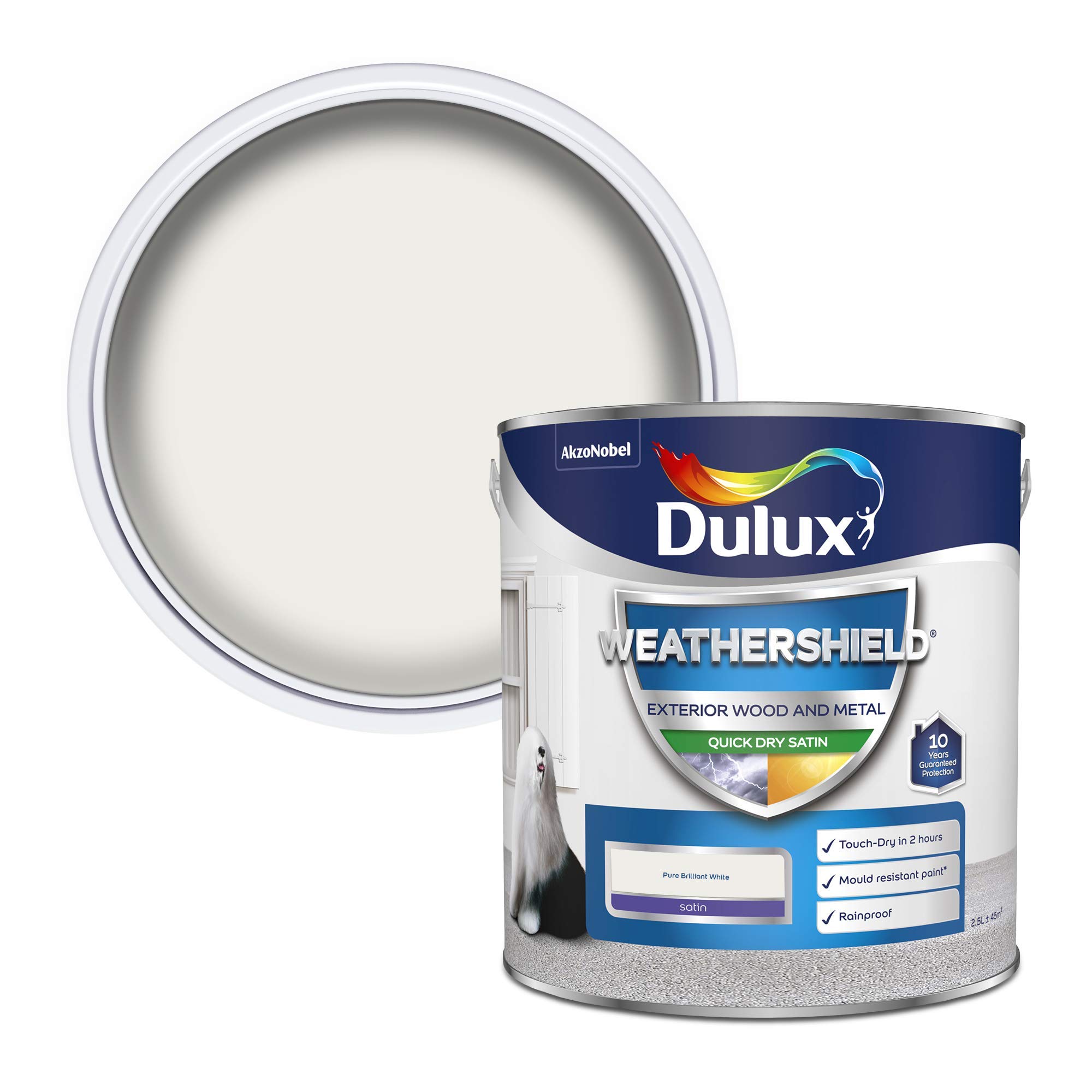 Dulux Weather Shield Quick Dry Satin Paint, 2.5 L - Pure Brilliant White