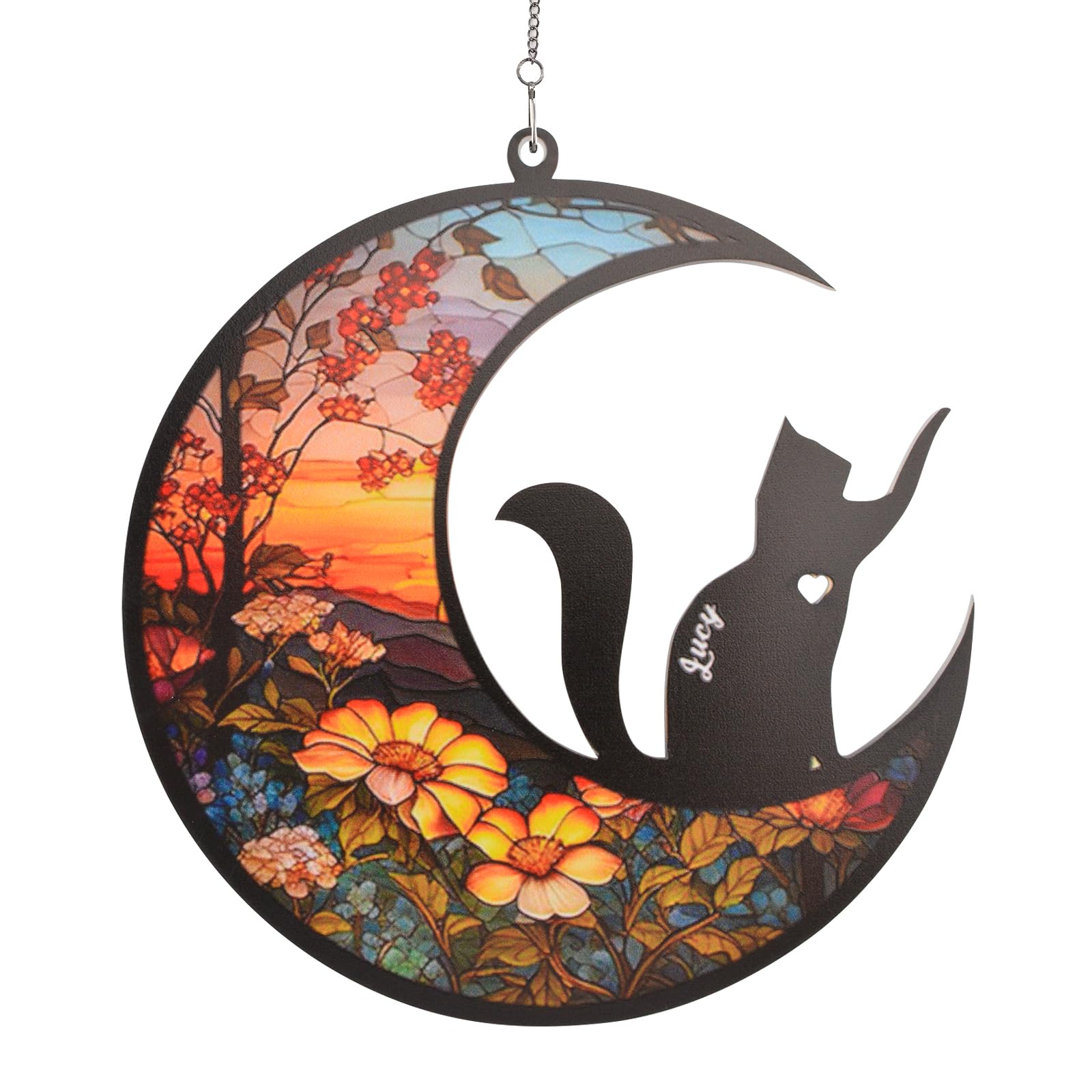 HACRAHO Stained Glass Window Hanging, 1 Pack Black Cat On The Moon Suncatcher Ornament Decor Stained Glass Cat Memorial Gifts Dog Memorial Gifts for Dog Lovers