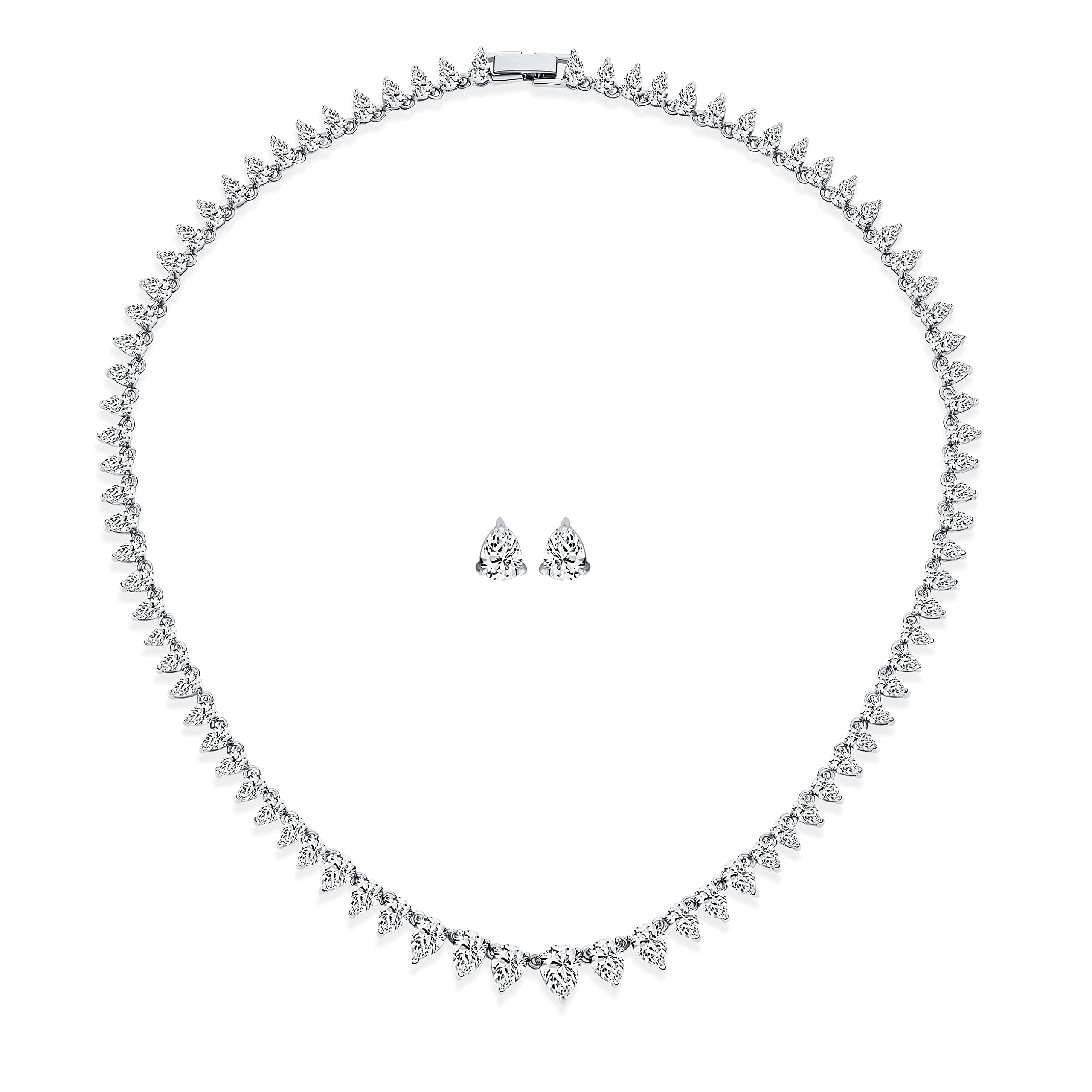 Classic Traditional Bridal Graduated Teardrop AA CZ Statement Collar Tennis Necklace Stud Earrings Jewelry Set For Women Wedding Prom Silver Plated