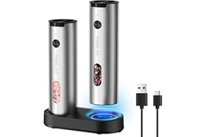 FORLIM Electric Salt and Pepper Grinder Set Rechargeable, Auto Salt and Pepper Grinder set with Charging Base, Adjustable Coarseness, LED Light, Automatic Salt Grinder Refillable,Pepper Shakers Set