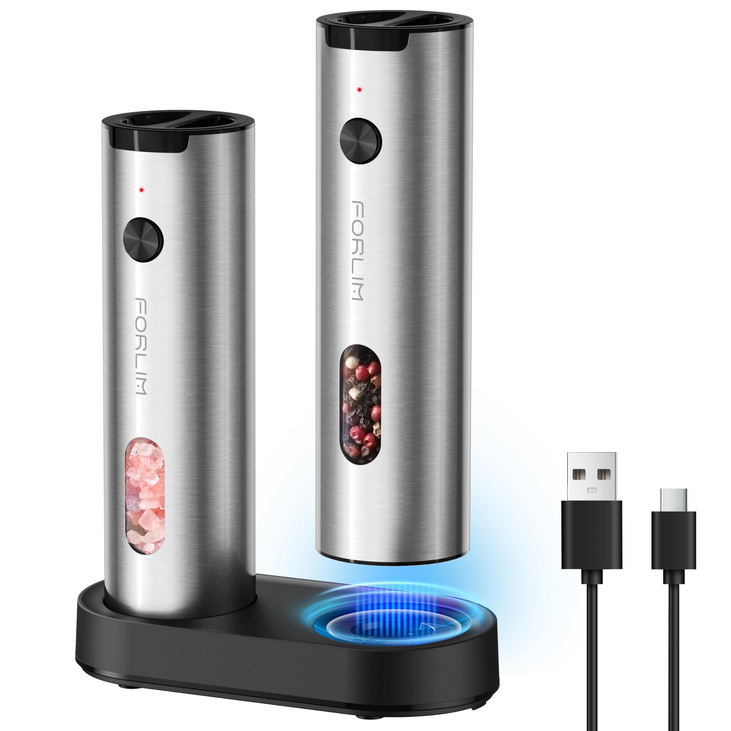 FORLIM Electric Salt and Pepper Grinder Set Rechargeable, Auto Salt and Pepper Grinder set with Charging Base, Adjustable Coarseness, LED Light, Automatic Salt Grinder Refillable,Pepper Shakers Set Image