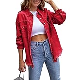 Perbai Womens Oversized Ripped Denim Jacket Frayed Hem Button Front Boyfriend Jean Coat Western Shacket with Pockets