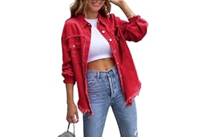 Perbai Womens Oversized Ripped Denim Jacket Frayed Hem Button Front Boyfriend Jean Coat Western Shacket with Pockets