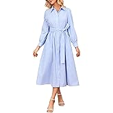 Ladyful Women's Long Sleeve Shirt Dress Casual Button Down Striped Tie Waist Flowy A Line Midi Dresses