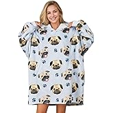 Huglanket Pug Gifts Wearable Blanket Hoodie, Oversized Wearing Blanket for Pug Lovers