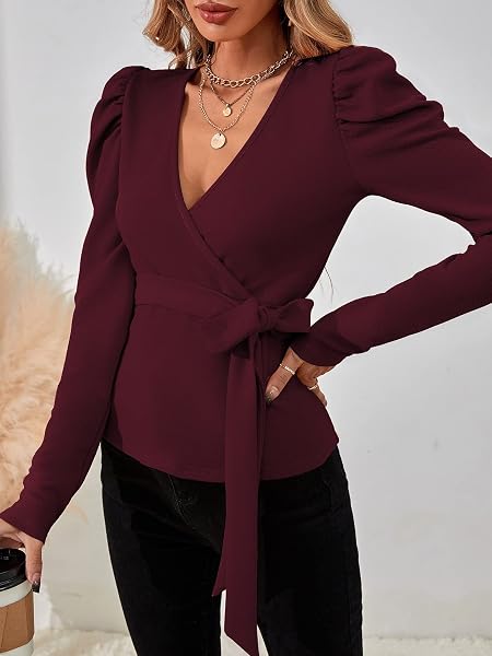 MILUMIA WOMEN’S ELEGANT BELTED WRAP V NECK BLOUSE PUFF LONG SLEEVE SHIRTS WORK TOPS BURGUNDY SMALL