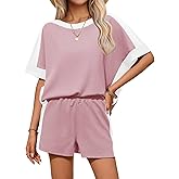 Tankaneo Womens 2 Piece Summer Outfits Oversized Short Sleeve Tops and Shorts Matching Sets Color Block Lounge Set