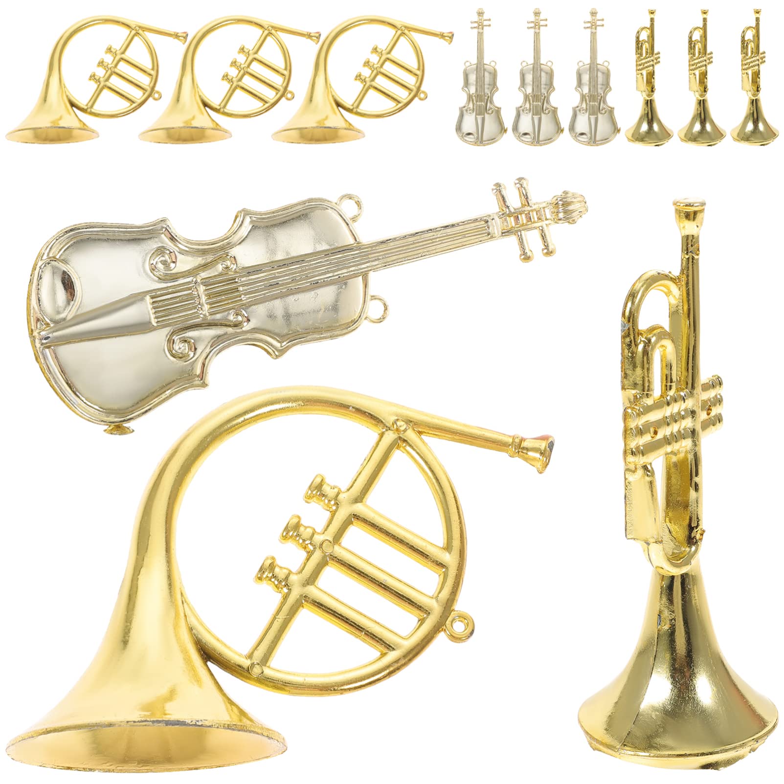 Toyvian 12pcs Musical Instrument Christmas Ornaments, Gold French Horn Trumpet Violin Ornaments Hanging Christmas Musical Instrument Decorations for Xmas Tree Party