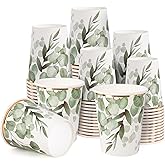 WRAPAHOLIC 50 Pcs Greenery Paper Cups - 9 oz Eucalyptus Disposable Cups, Coffee Cups, Hot/Cold Beverage Drinking Cups for Water Juice, Perfect for Home, Office and Party Supplies