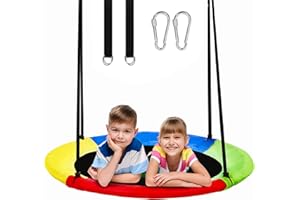 HOTJUMP 40 Inch Saucer Tree Swing for Kids Outdoor, Textilene Fabric Tear & UV Resistant Waterproof, Round Disc Circle Swing with Adjustable Hanging Straps, Swing Set for Backyard Garden Playground, Rainbow