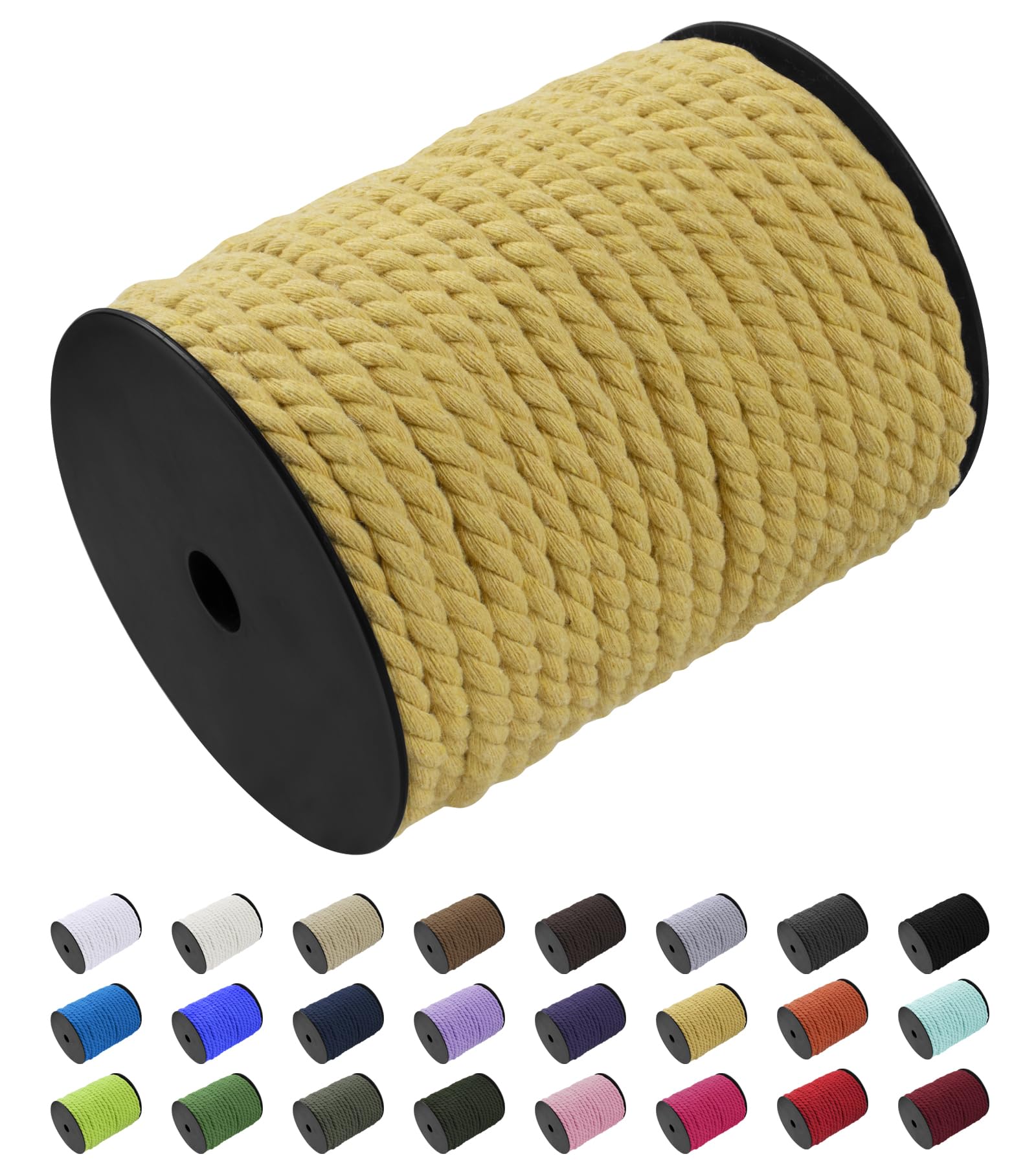 Uiopa Macrame Cord 8mm x 40m, Natural Cotton Cord Coloured Macrame Yarn Soft Rope, Macrame String Cotton Twine for Crafts, Plant Hanger, Wall Hanging, Wrapping, Christmas Decorations (Yellow)