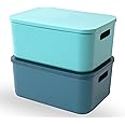 HapiLeap Plastic Storage Bins with Lid, Stackable Storage Containers for Organizing, Decorative Storage Baskets for Shelves Kitchen Living Room Playroom Classroom Office (Medium (Blue+Green))