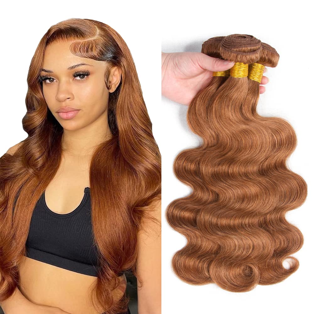 Photo 1 of 28 30 32 Inch Light Brown Human Hair Color #30 Body Wave Unprocessed Peruvian Virgin Hair Bundles Brown Body Wave Bundles Hair Weave