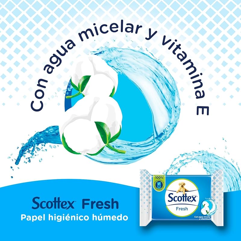 Papel Higiénico Húmedo Fresh con Agua Micelar y Vitamina E, Biodegradable y Sin Plástico, Caja 12 packs de 38 servicios, Total 456 Toallitas Húmedas Desechables por WC
