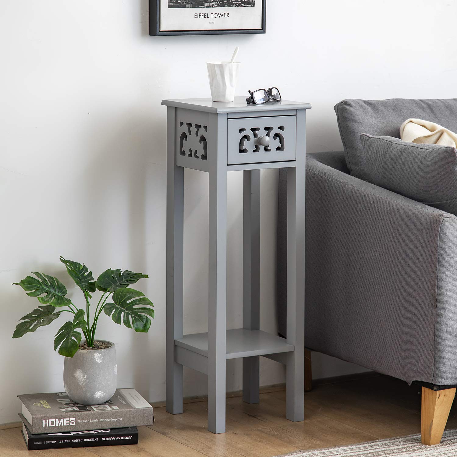 woodluv Bedside Table, Side Table, Tall Telephone Table, Drawer Storage unit, End Table, for Bedroom, Living Room, Grey