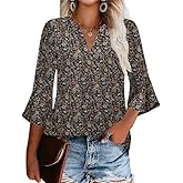 AKEWEI Women's 3/4 Length Bell Sleeve Tops V Neck Dressy Casual Shirts Ladies Loose Fit Blouses Tunic