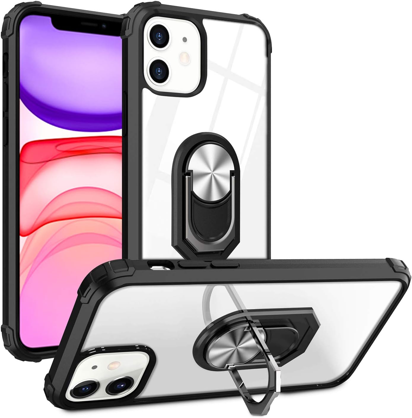 Amazon Com Sokad Iphone 11 Case With Ring Clear Hard Back Cover Military Grade 15ft Drop Tested Protective Case Kickstand Compatible With Iphone 11 Case 6 1 Inch 19 Black
