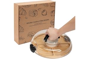 WILLKOMMEN Charcuterie Board with Lid- 5 Compartment Round Serving Tray with Handle & Locking Lid, Portable Bamboo Serving Pl
