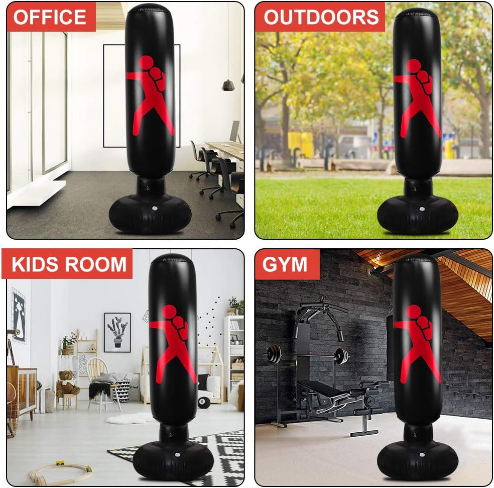 QIQU Kids Punching Bag-63inch Free Standing Punching Bag Humanoid Pattern Inflatable Boxing Toy Big Punching Bag for Kids (Black) : Sports & Outdoors