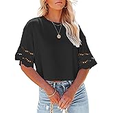 Yuccalley Women's Lace Short Sleeve Crop Tops Summer Casual Round Neck Tees