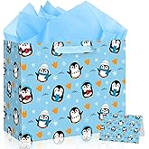 Blue Penguin Gift Bags Penguin Birthday Party Favors Gift Bags with Wrapping Tissue Paper and Greeting Card for Boys Girls Kids Teens Birthday Baby Shower Winter Party Supplies Decor