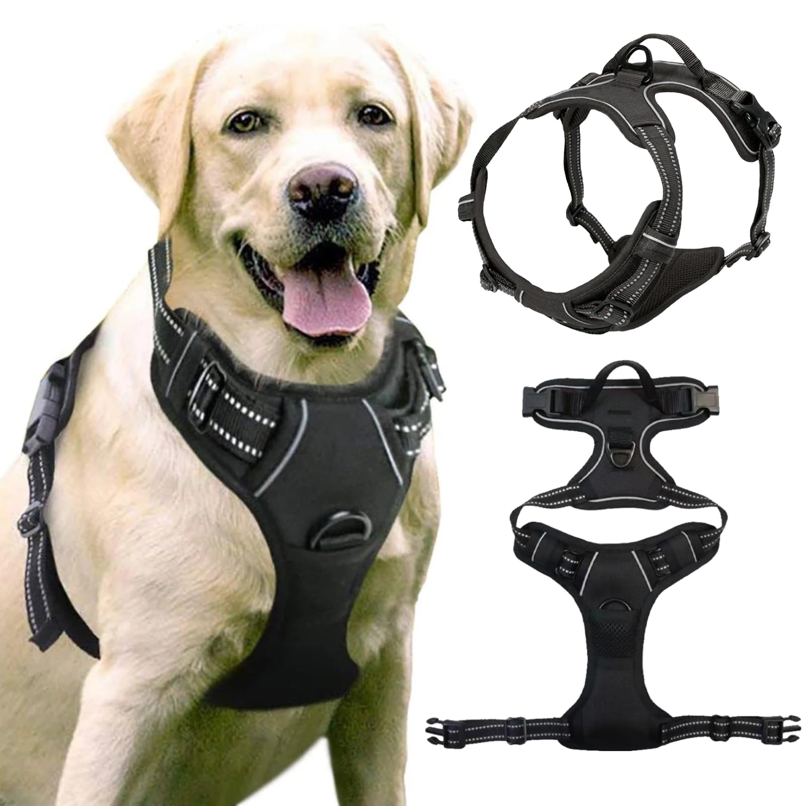 JSTHHTT Dog Harness Large Dog No Pull Pet Harness with 2 Leash Clips,Anti Pull Dog Harness, Adjustable Soft Padded Pet Vest Harness, Reflective No-Choke with Easy Control Handle for Training Walking