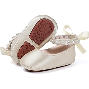 Baby Girls Mary Jane Dress Shoes, Pearl Strap Satin Bow Crib Shoes Party | Baby Girls Crib Shoes With Pearl Ankle Strap And S