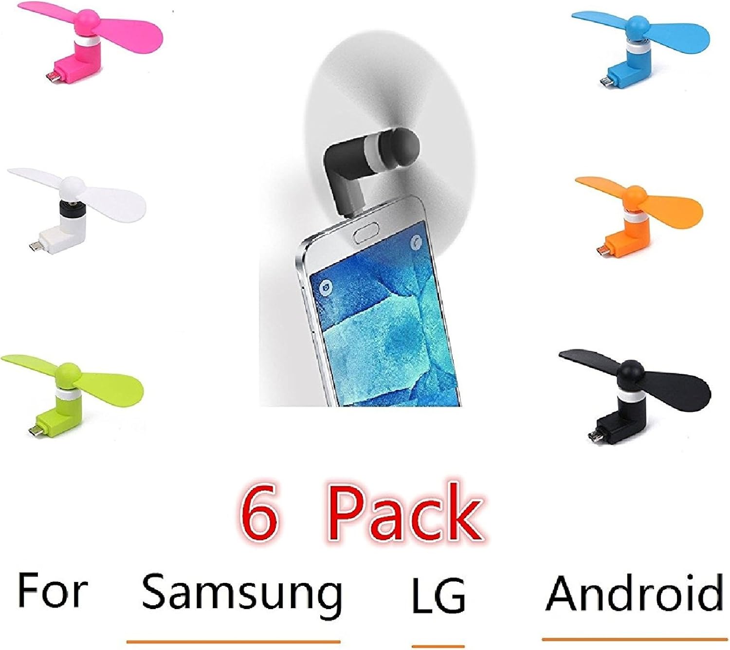 Android Smart Fan Pocket Size Portable Low Noise Cooling Mini USB Mobile Phone Fan for Samsung Galaxy S7, S7 Edge, LG G5 & Other Android Smart Phone 6 Pack Value Pack