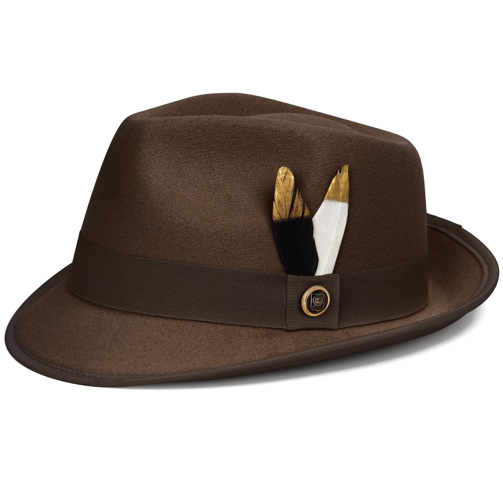 Photo 1 of FADACHY Fedora Hats for Men & Women Short Brim Felt Hat Trilby Fedora with Feather Panama Dress Hat, Brown Fedora