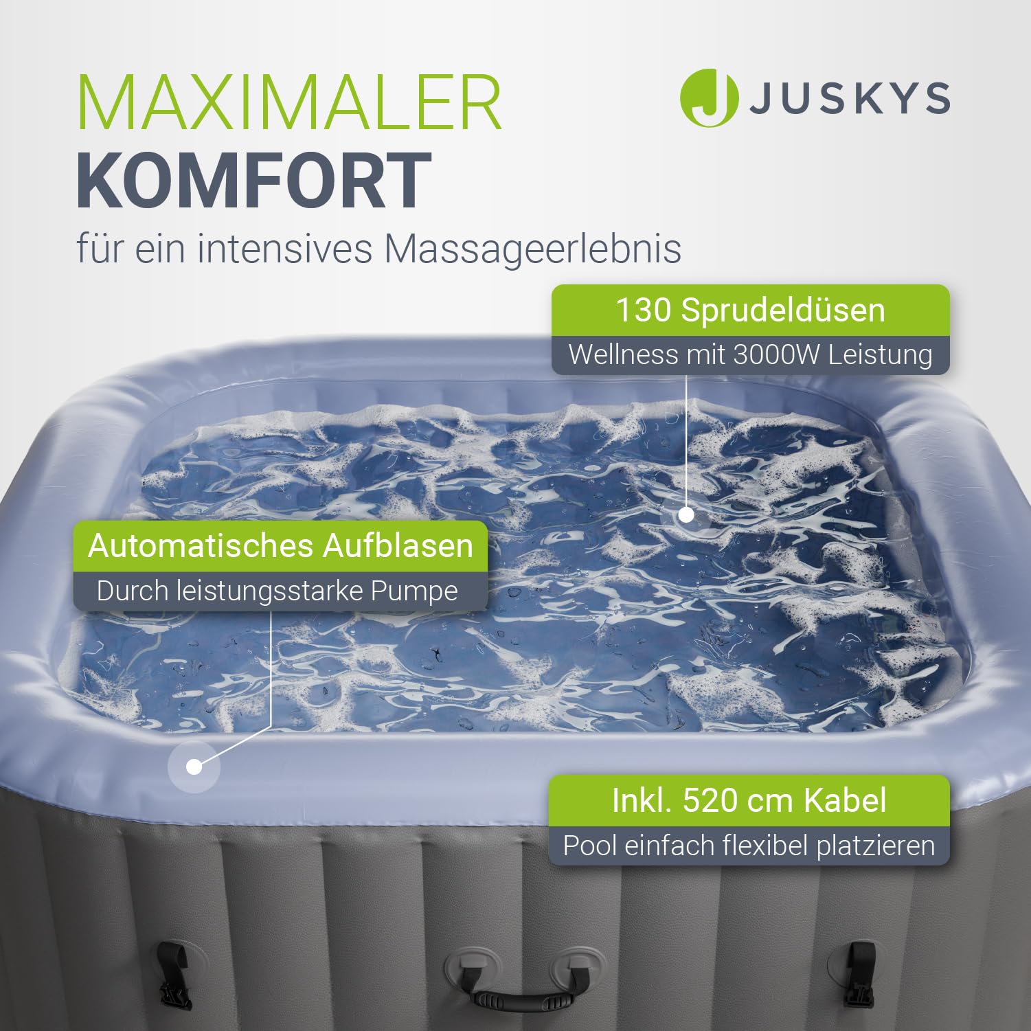 JUSKYS® Whirlpool SpaLuxe – Aufblasbar, Outdoor & Winterfest, 130 Sprudeldüsen, 3000W, PVC laminiert, Grau/Blau 6