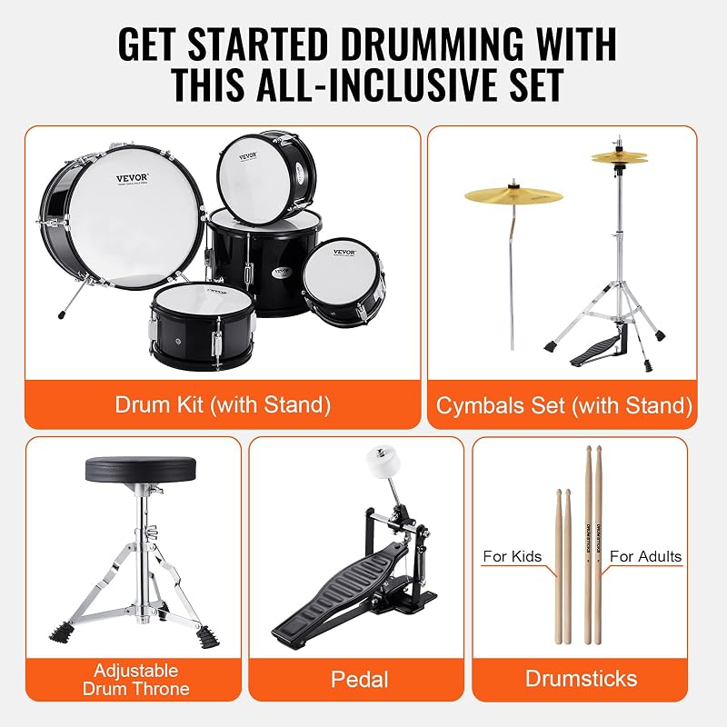 Schlagzeugset für Kinder, 5-teilig, Anfänger-Schlagzeugset mit Bass-Toms, Snare, Standtrommel, verstellbarem Thron-Becken, Hi-Hat-Pedal und Zwei Paar Drumsticks, für Kinder, schwarz