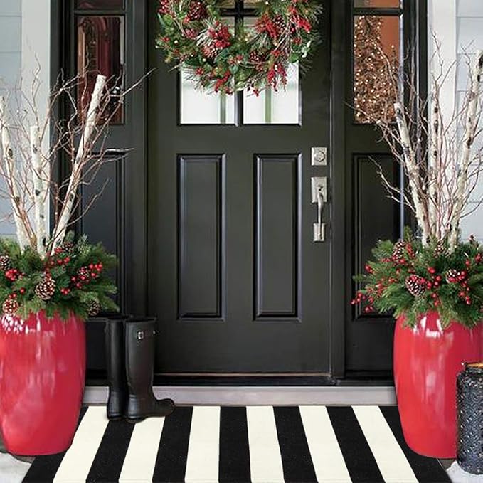 Black and White Outdoor Rug Runner Doormat 24'' x 51'', Collive Cotton Woven Porch