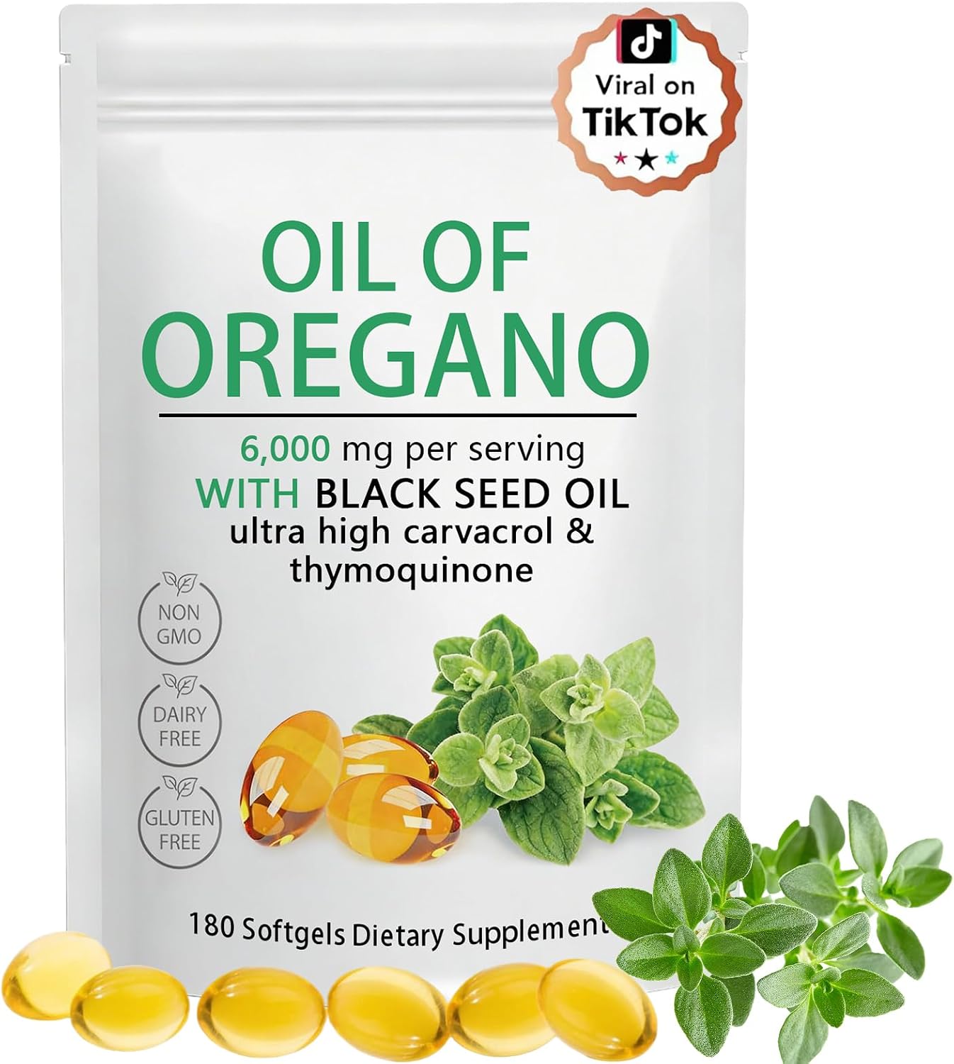 Oil of Oregano Softgels 6000mg with Black Seed Oil, Plant Based, Non-GMO, Immune Support, 180 Count