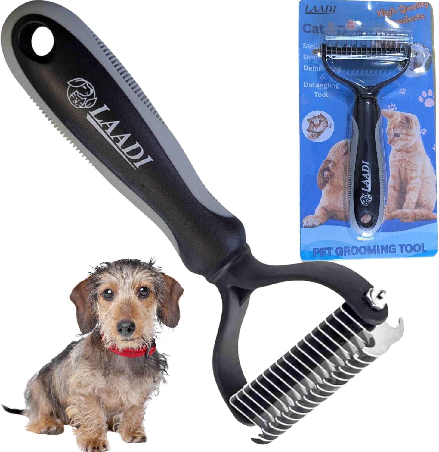 Laadi Undercoat Rake Tool - Reduce Shedding by 95% - Double Sided Dematting Tool - Dog & Cat Brush - Reduce Shedding by 95% - Double Sided Dematting Tool - Grooming Brush for Dogs & Cats(BLACK, L)