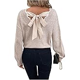 GORGLITTER Women's Bow Fall Sweaters 2025 Cable Knit Chunky Oversized Long Sleeve Backless V Neck Pullover Tops