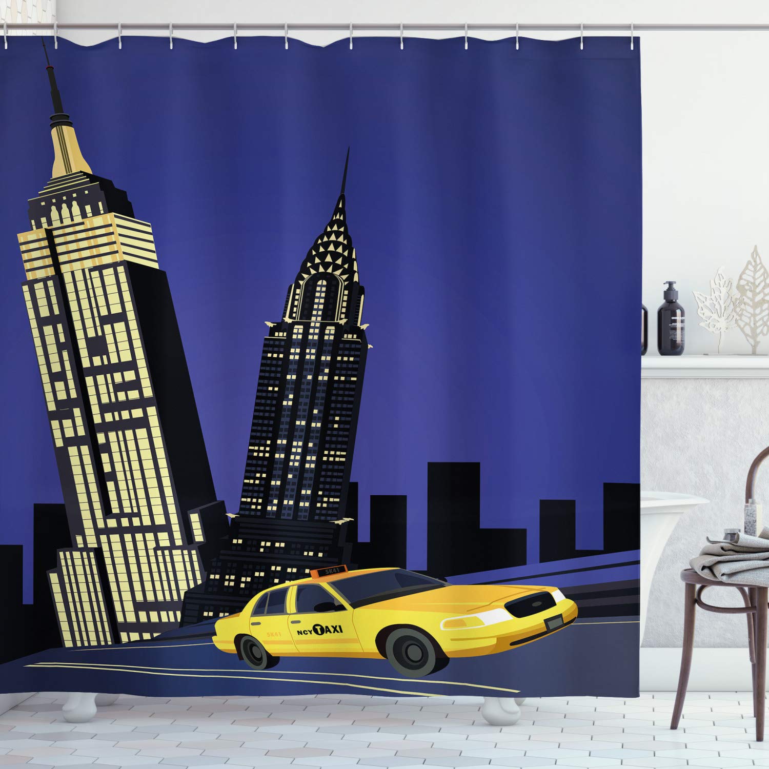 ABAKUHAUS City Shower Curtain, Skyscrapers and Taxi New York Theme American Downtown Scenic Skyline, Cloth Fabric Bathroom Decor Set with Hooks, 70 Inches, Violet Blue Yellow Black