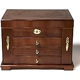 FEECOZ Wooden Jewelry Box for Women, Solid Wood Jewelry Organizer with Mirror and 3-Drawer, Ring,Necklacel,Vintage Style Storage Box with Lock (Dark Brown(Rose Pattern)