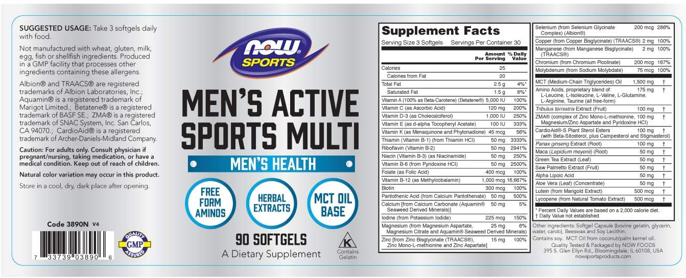 NOW Sports Nutrition, Men's Extreme Sports Multi with Free-Form Amino Acids, ZMA®, Tribulus, MCT Oil, and Herbal Extracts, 90 Softgels: Health & Personal Care