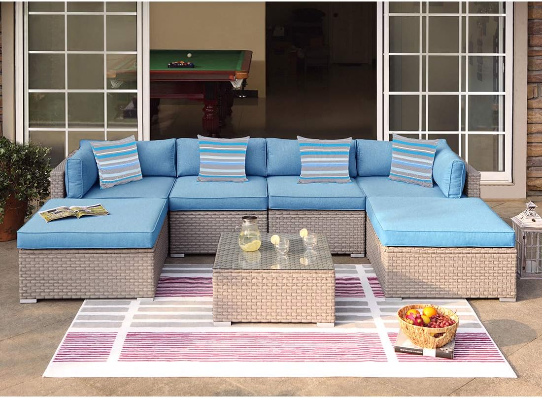 Amazon Com Cosiest 7 Piece Outdoor Wicker Patio Furniture Set All Weather Rattan Sectional Sofa W Thick Cushions Glass Table Pillows For Garden Pool Backyard Garden Outdoor