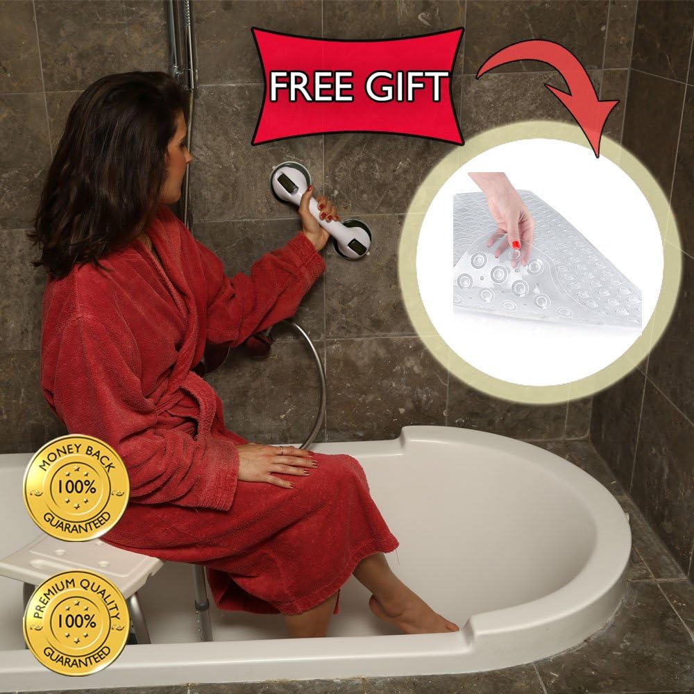 Grab Bars for Bathroom by Dr. Maya - Bath Support with Free Bath Mat - Suction Cup Grip Bar and Shower Handle for Bathtub - Assist Balance Handrail for Tub - Elderly, Seniors, Handicap, Disabled: Health & Personal Care
