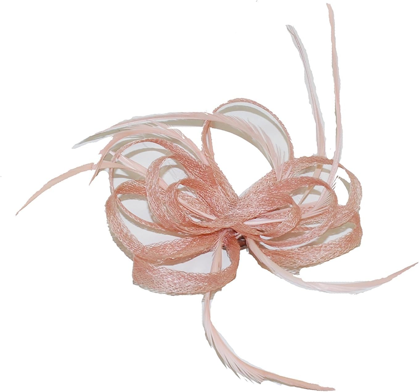 GIZZY® Ladies Nude Pink Sinamay Loops Fascinator, Corsage with Feathers Set on Hair Clip & Brooch Pin.