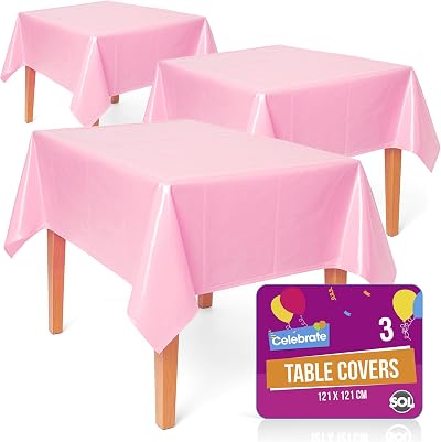 SOL 3pk Pink Plastic Tablecloth 121 x 121cm Heavy Duty Spill Protection