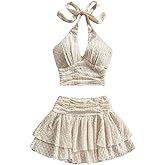 SOLY HUX Women's 2 Piece Beach Vacation Outfits Summer Ruched Halter Crop Top and Ruffle Mini Skirt Set