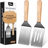 Stainless Steel Spatula Set, 2 pcs for Cast Iron Skillet with Wooden Handle | Metal Spatulas Ideal for Frying Steak, Pancake,