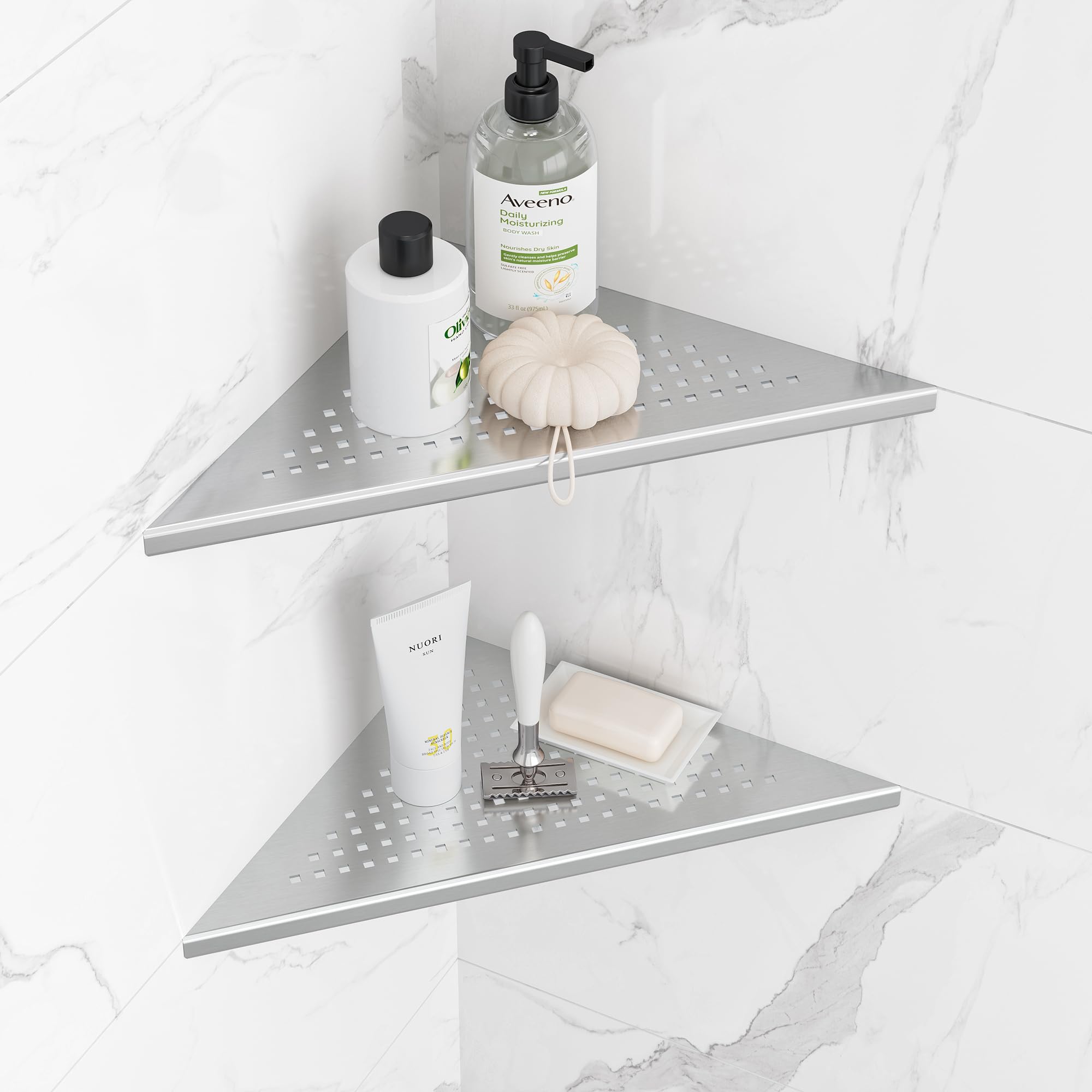 Neodrain Shower Corner Shelf Stainless Steel Bathroom Shelf Tiles Recessed Shower Organiser Storage for Bathroom, Kitchen, 2 Pack
