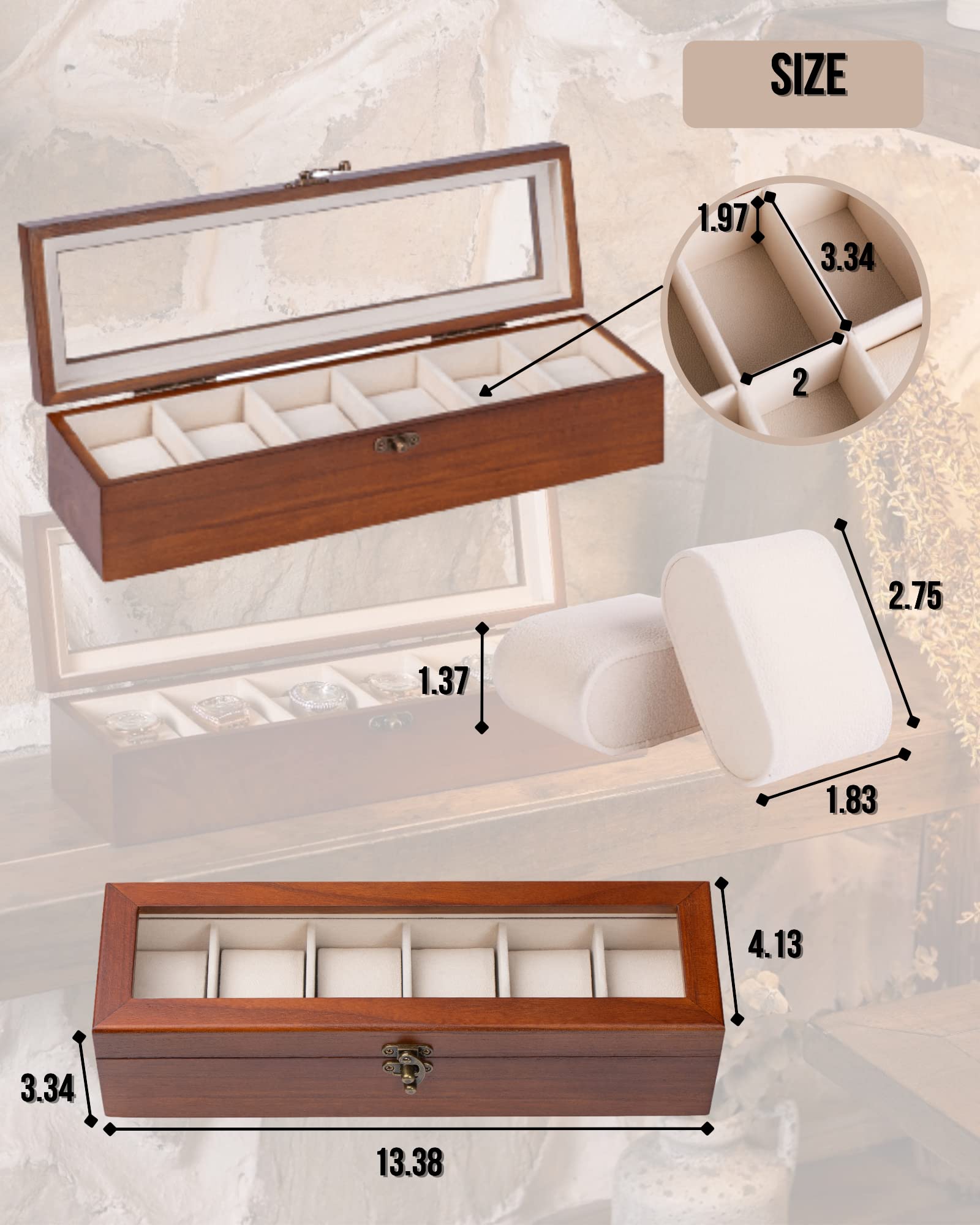 Exper City Exper City Watch Box, Watch Case for Men Women with Large Glass Lid, Wooden Watch Display Storage Box with 6 - Slots, Classic Walnut Mens Watch Box Organizer